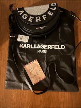KARL LAGERFELD Black Crossbody Bag with Crystal Logo Flap